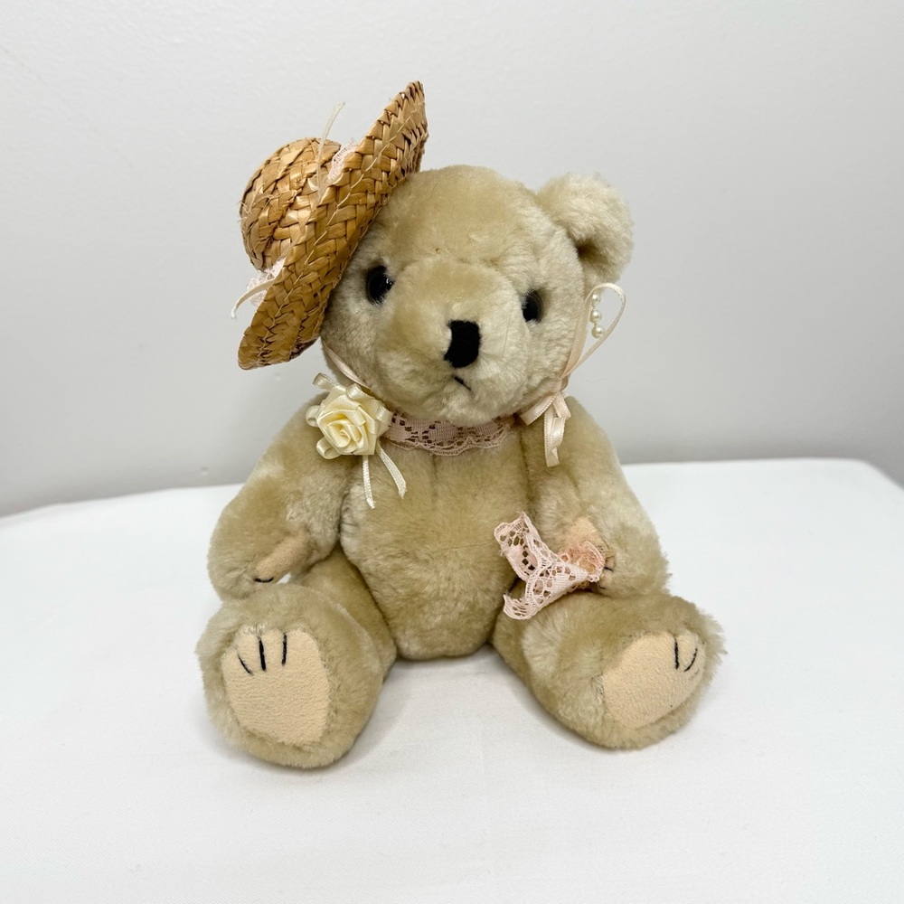 Vintage 1980s Plush Teddy Bear Wearing Hat 6”